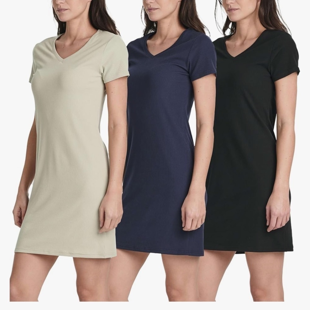Set of Three Ribbed V-Neck T-Shirt Dresses  3X  Navy Black Cream
